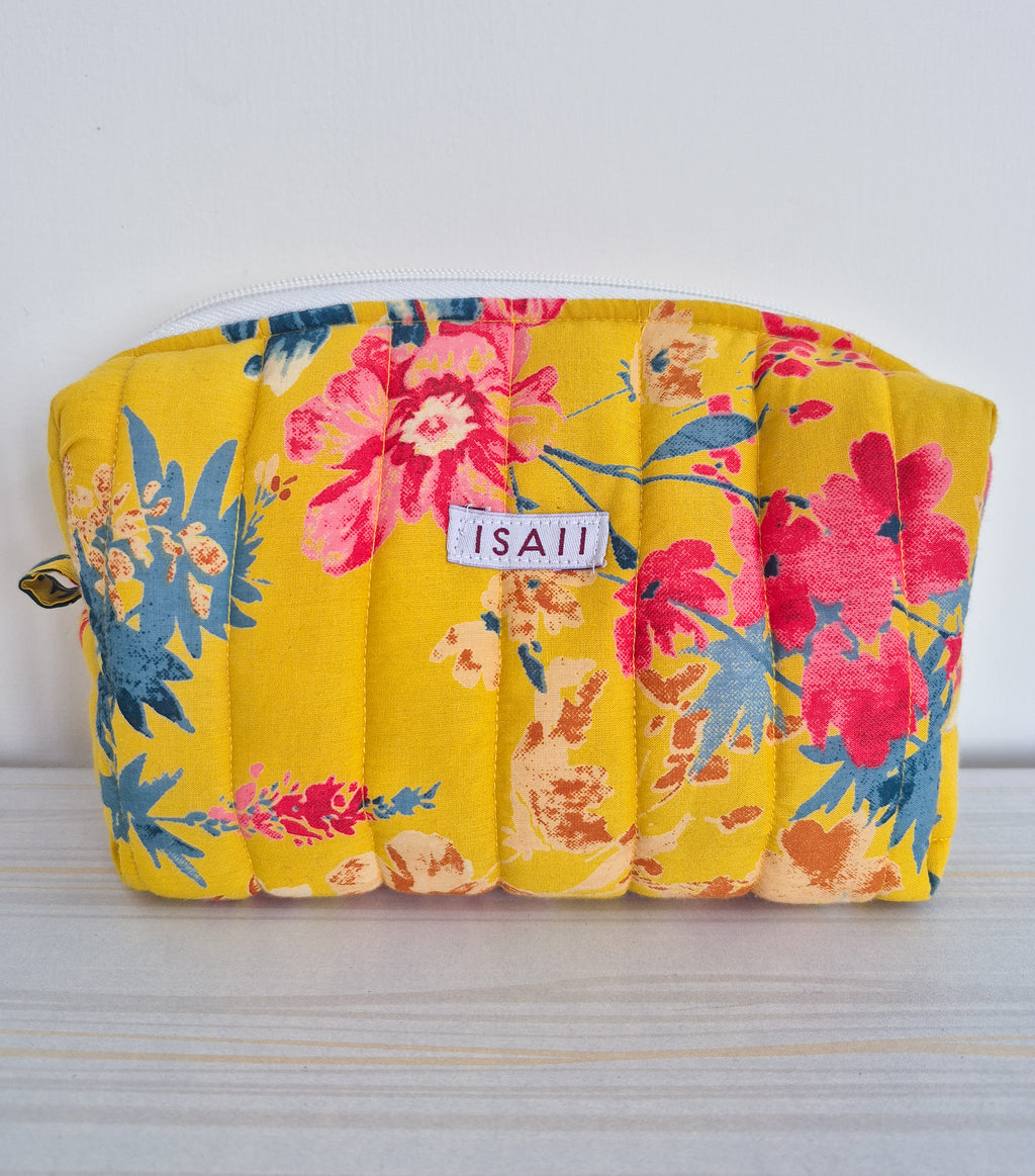 Yellow Floral Quilted Makeup/ Travel Pouch - Large size