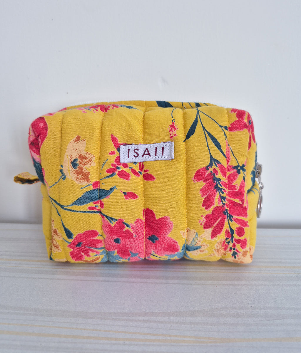 Yellow Floral Quilted Makeup/ Travel Pouch - Medium size