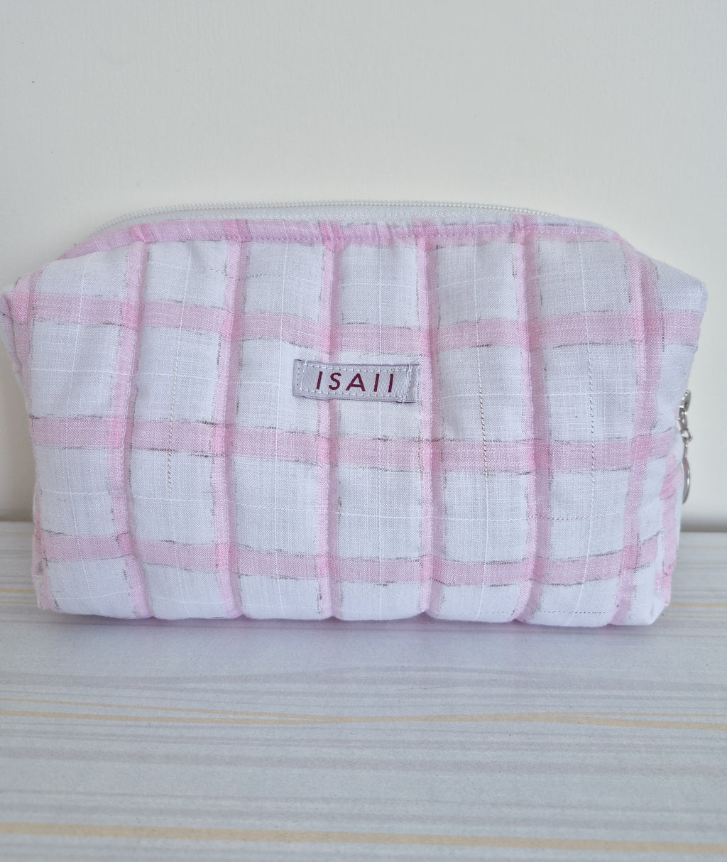 Pink Checks Quilted Makeup/ Travel Pouch - Large size