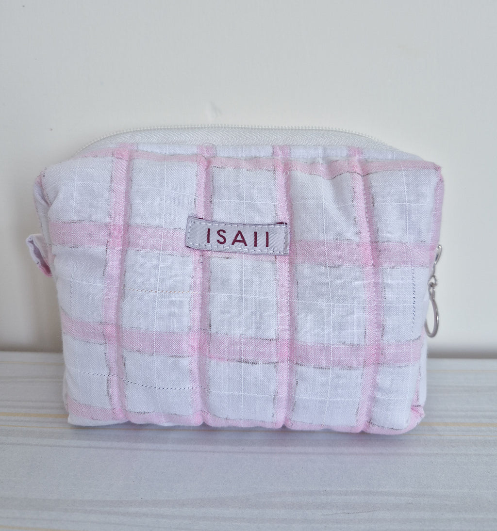 Pink Checks Quilted Makeup/ Travel Pouch - Medium size
