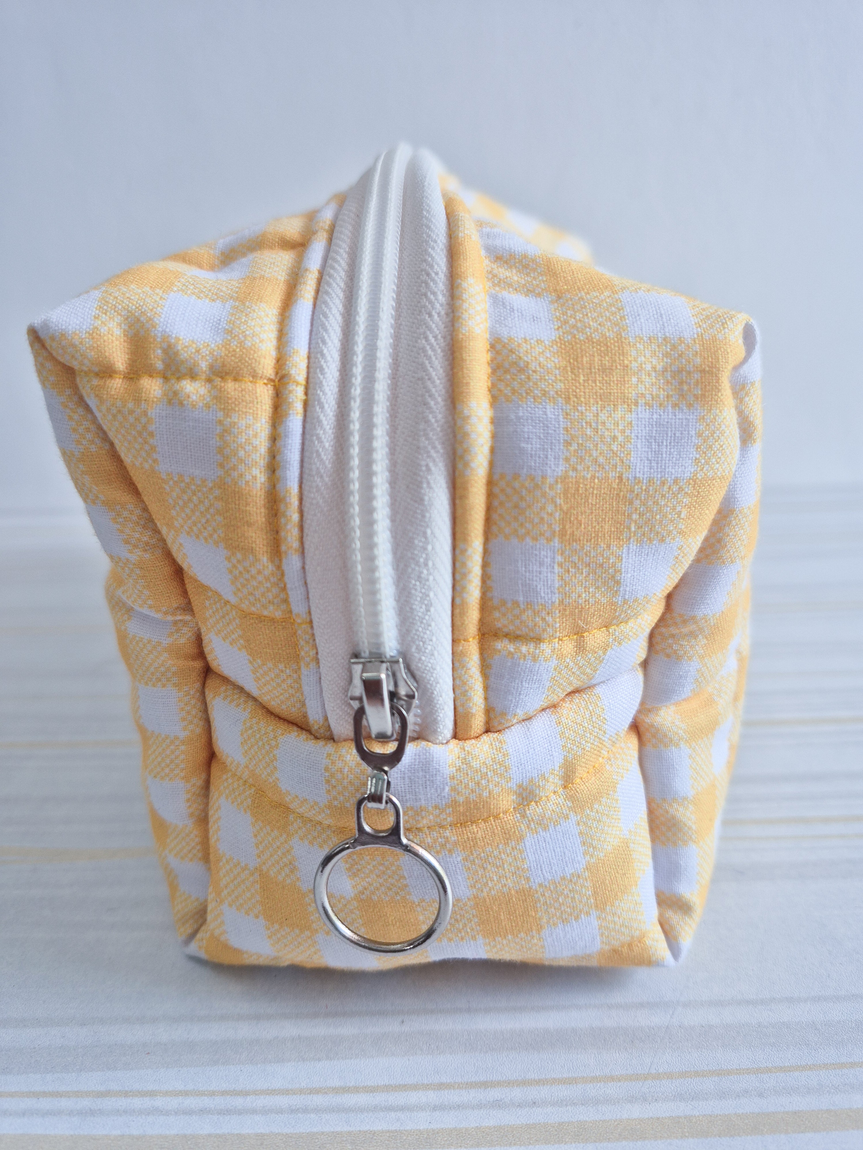 Yellow Gingham Quilted Makeup/ Travel Pouch - Large size