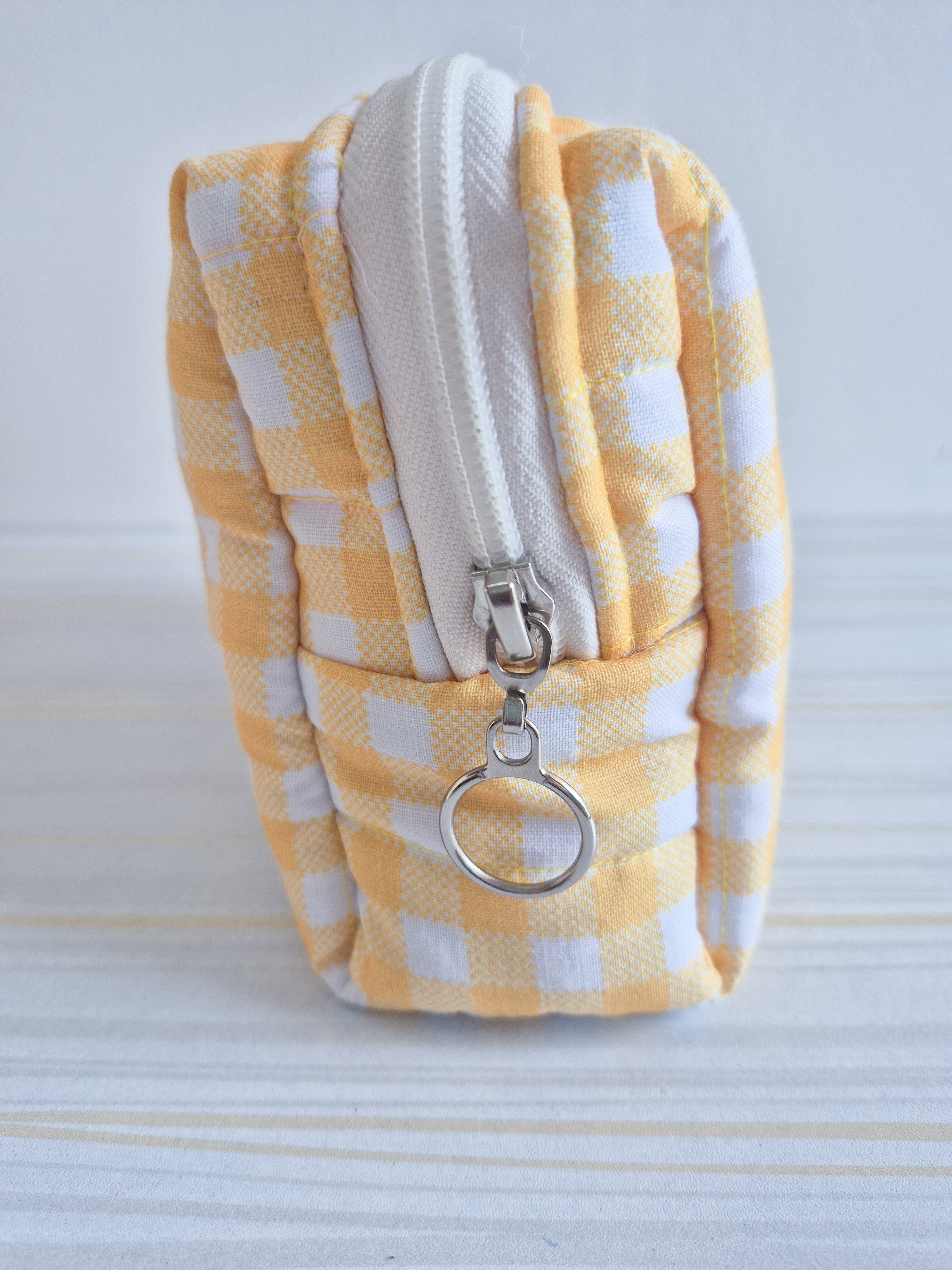 Yellow Gingham Quilted Makeup/ Travel Pouch - Medium size