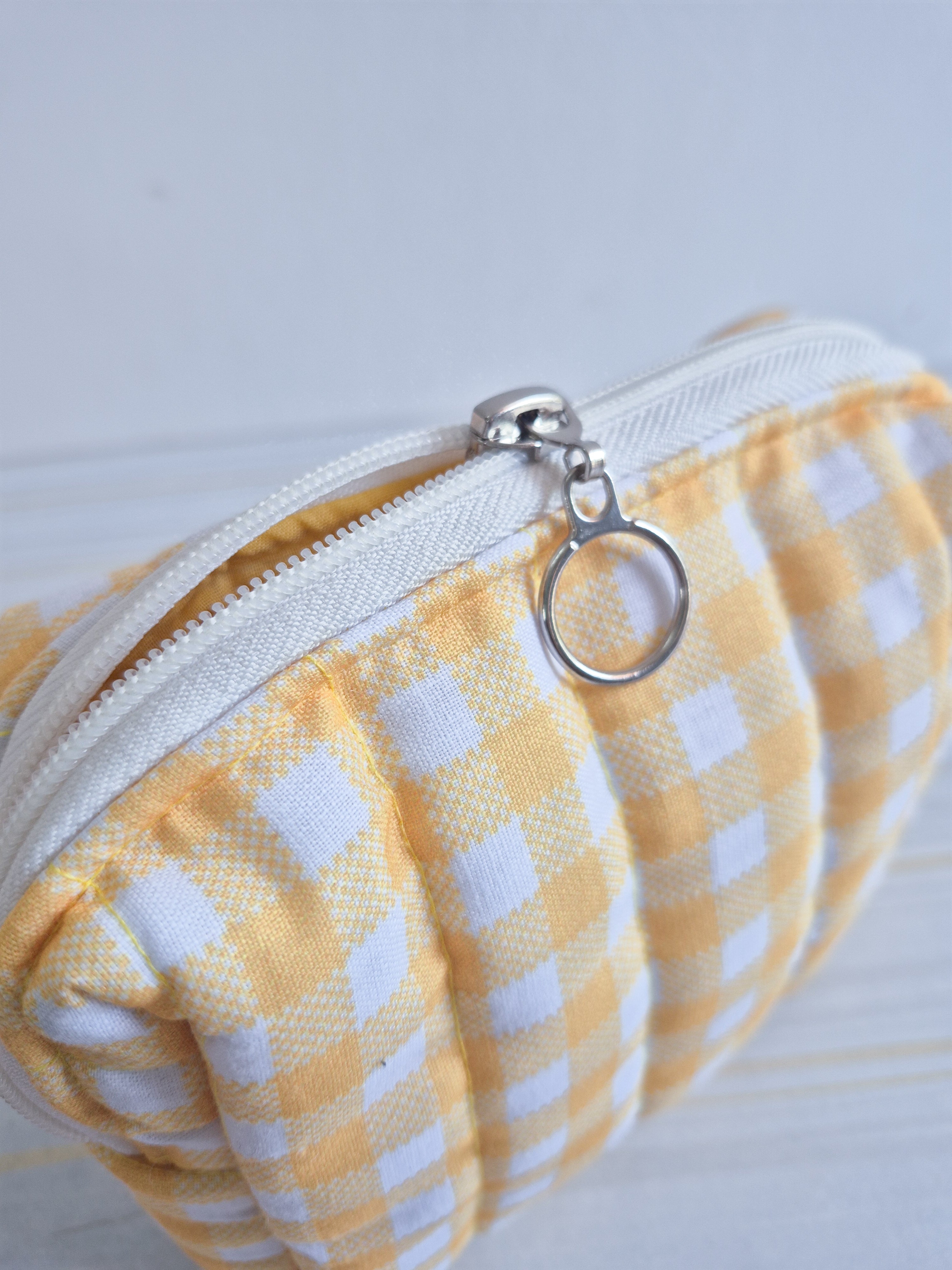 Yellow Gingham Quilted Makeup/ Travel Pouch - Medium size