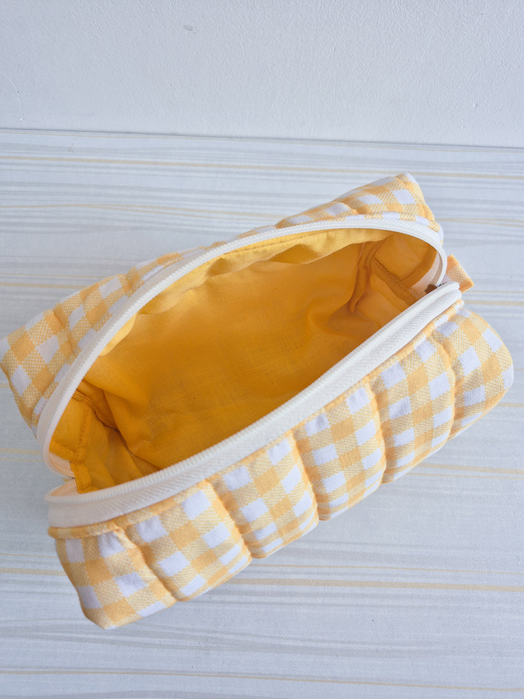 Yellow Gingham Quilted Makeup/ Travel Pouch - Large size