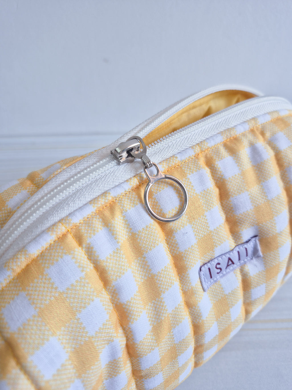 Yellow Gingham Quilted Makeup/ Travel Pouch - Large size