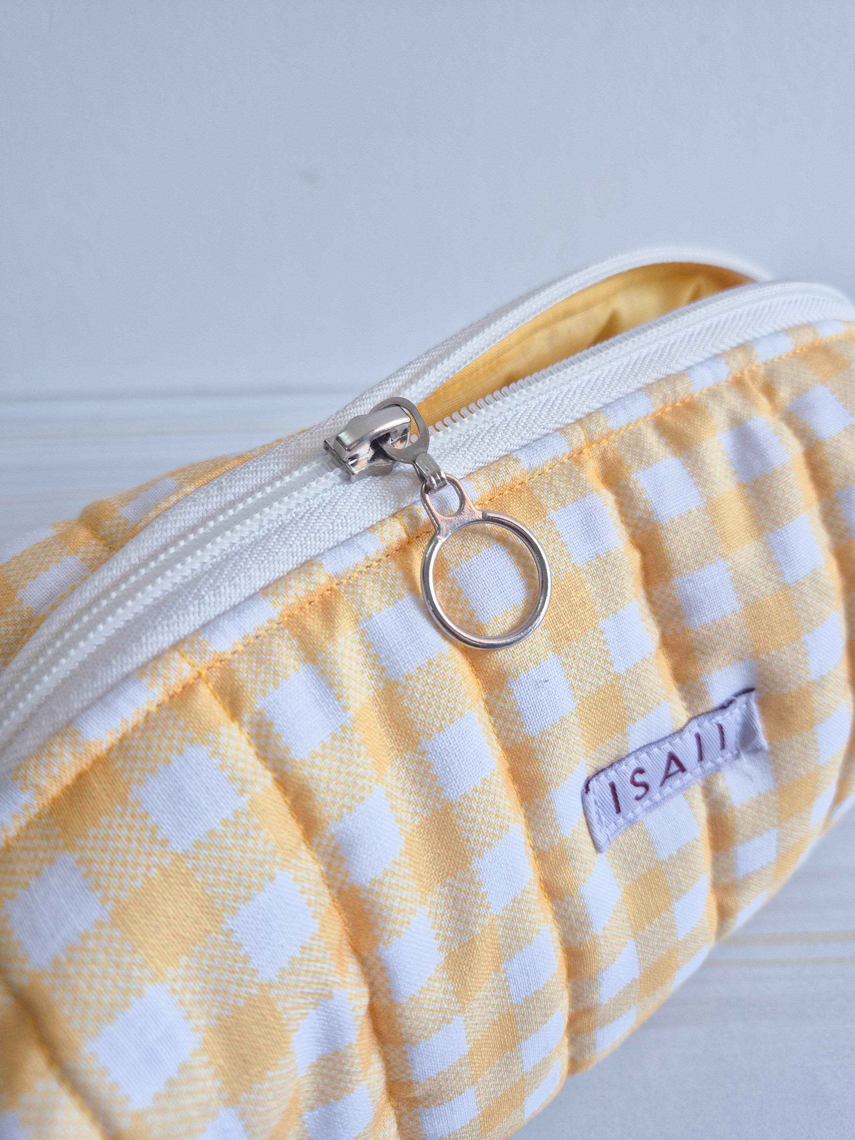 Yellow Gingham Quilted Makeup/ Travel Pouch - Large size
