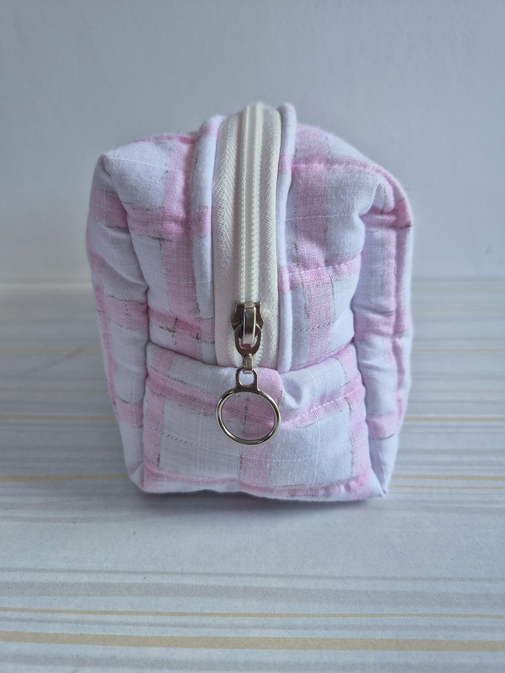 Pink Checks Quilted Makeup/ Travel Pouch - Large size