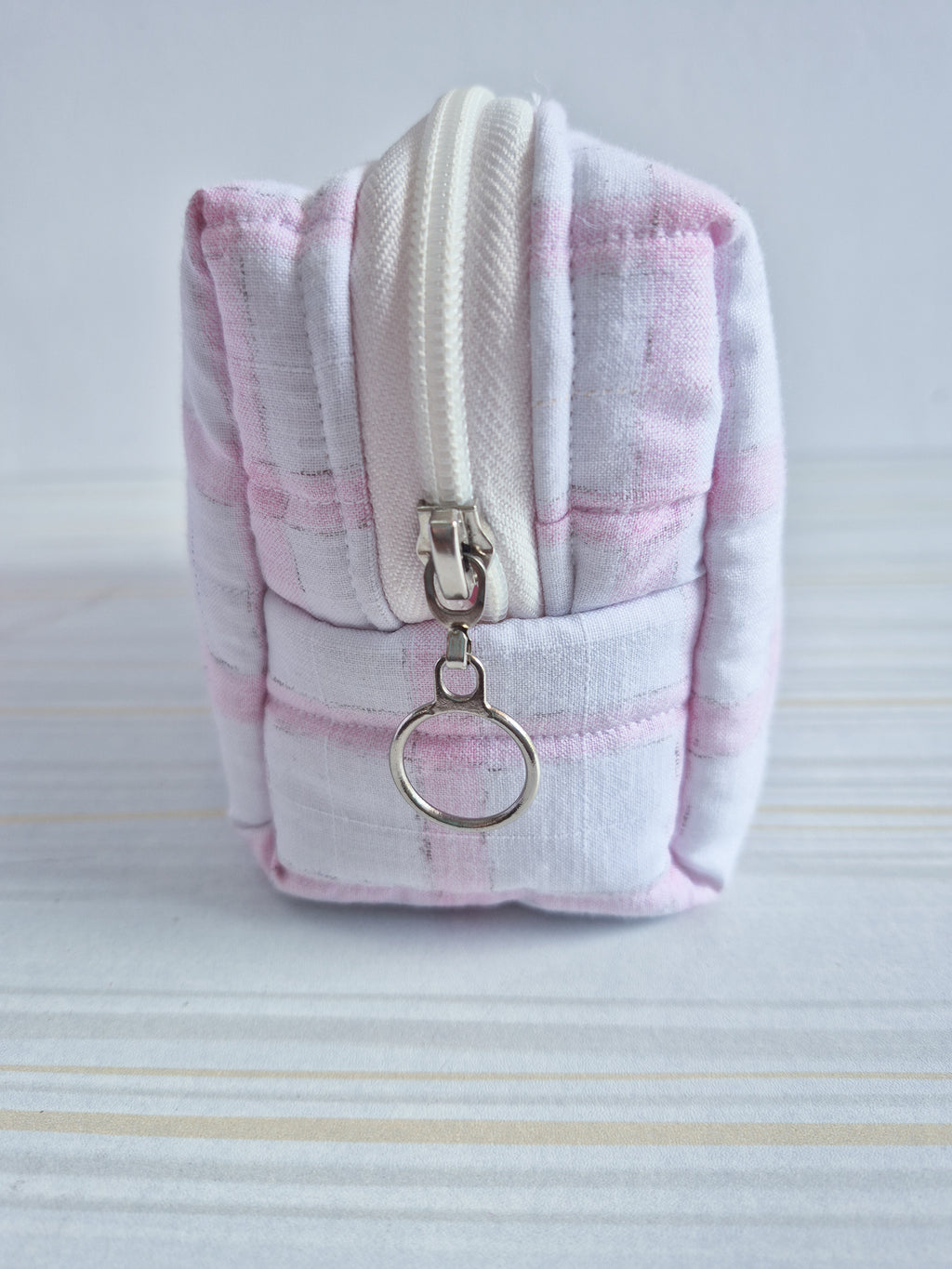 Pink Checks Quilted Makeup/ Travel Pouch - Medium size