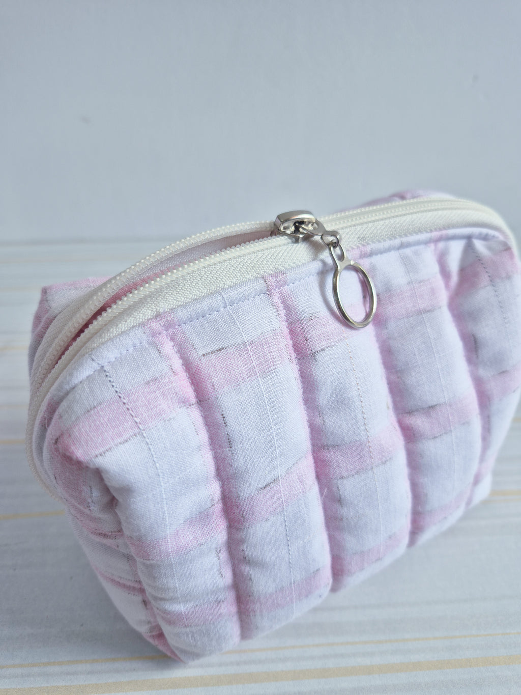 Pink Checks Quilted Makeup/ Travel Pouch - Medium size