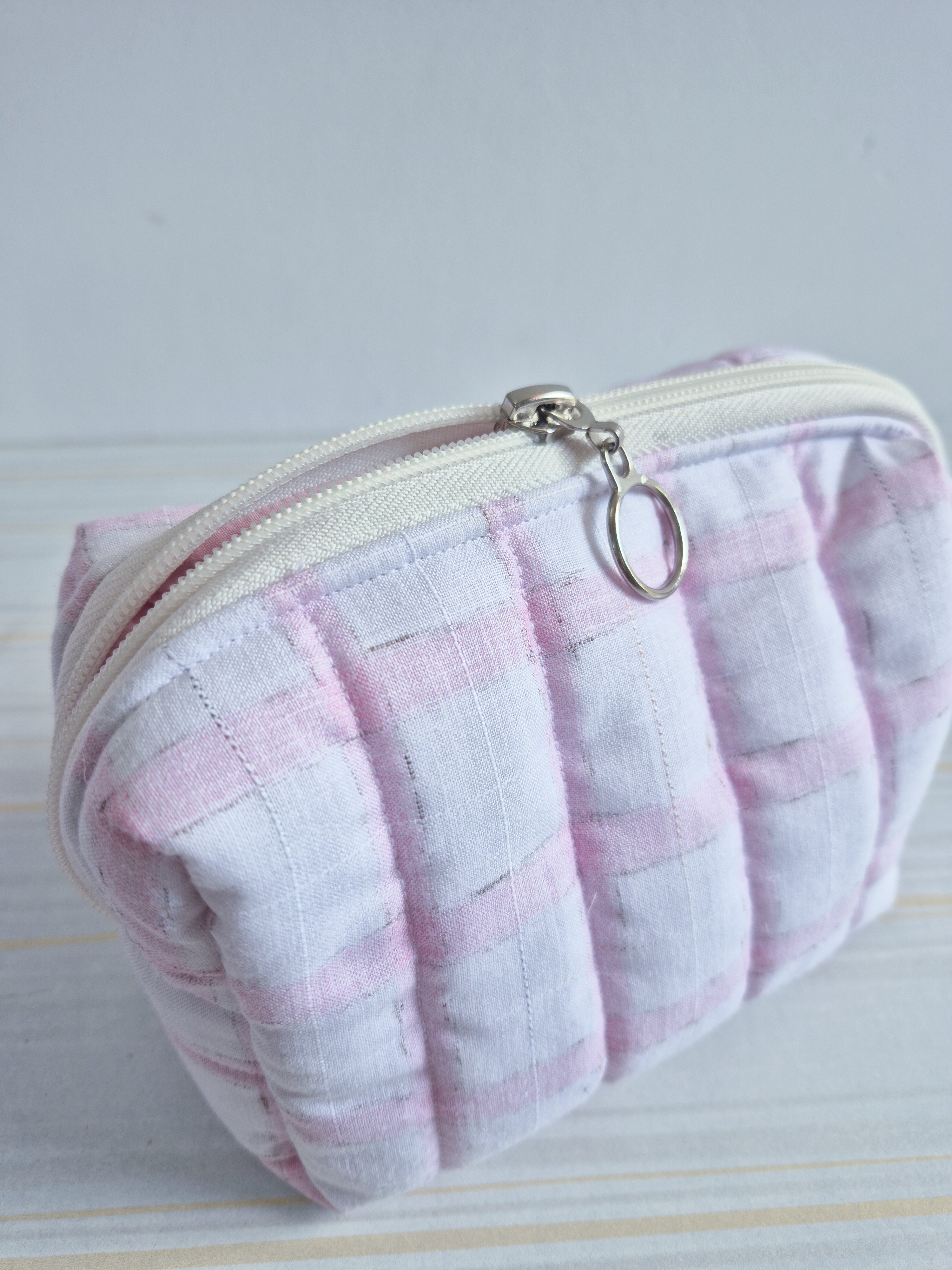 Pink Checks Quilted Makeup/ Travel Pouch - Medium size
