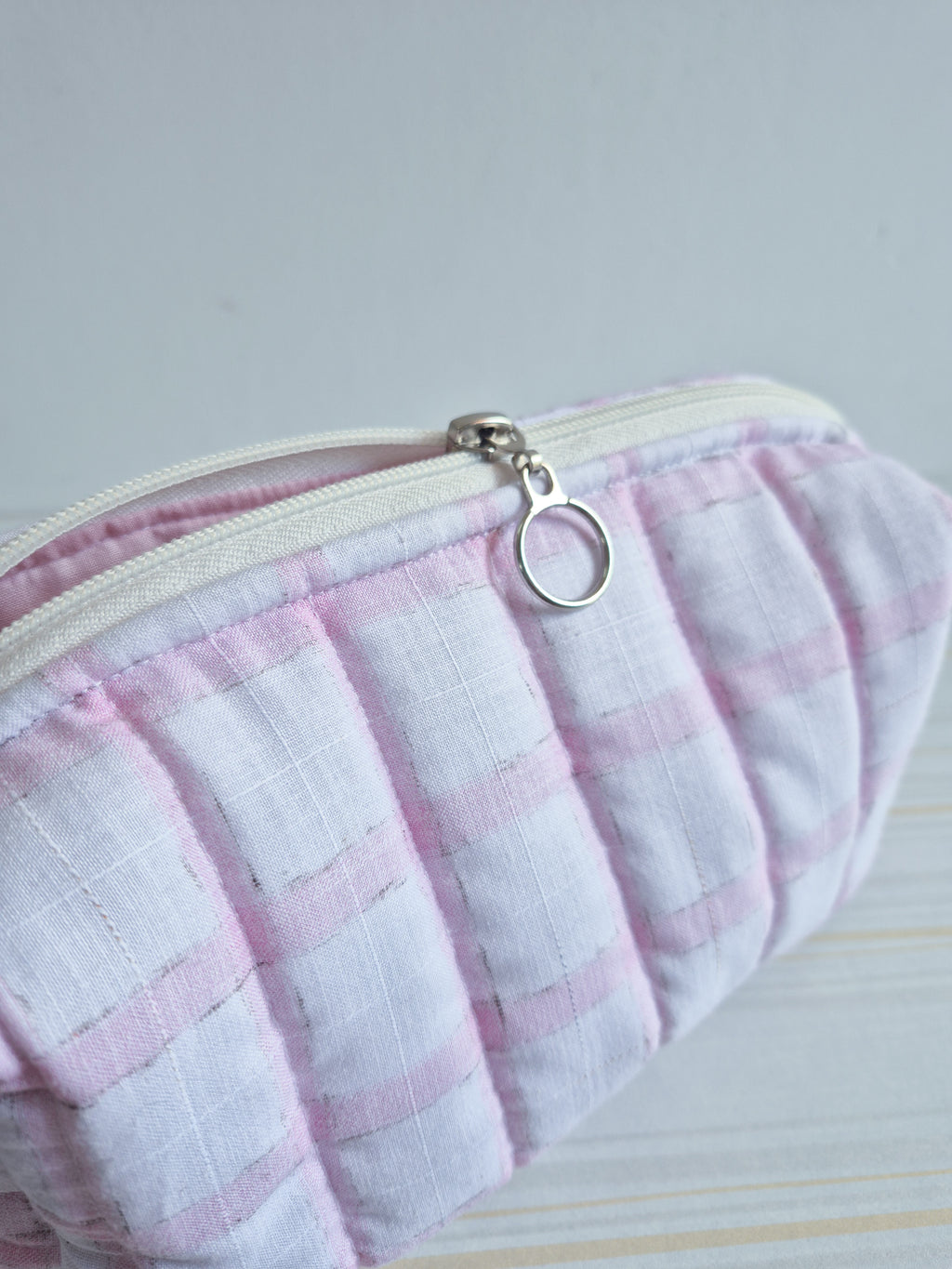 Pink Checks Quilted Makeup/ Travel Pouch - Large size