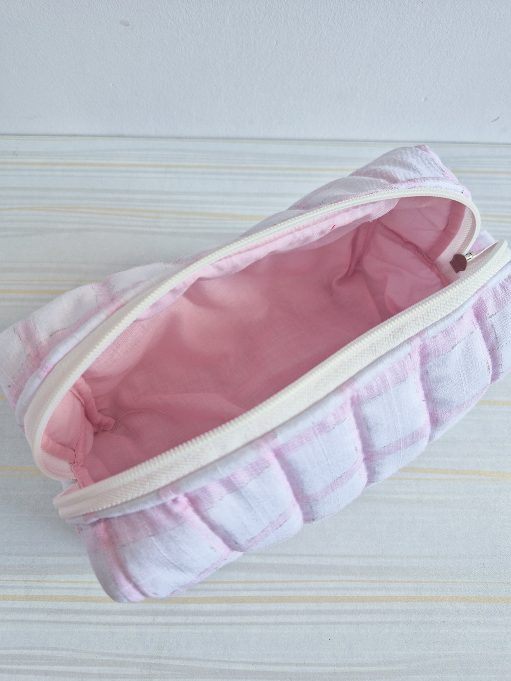Pink Checks Quilted Makeup/ Travel Pouch - Large size