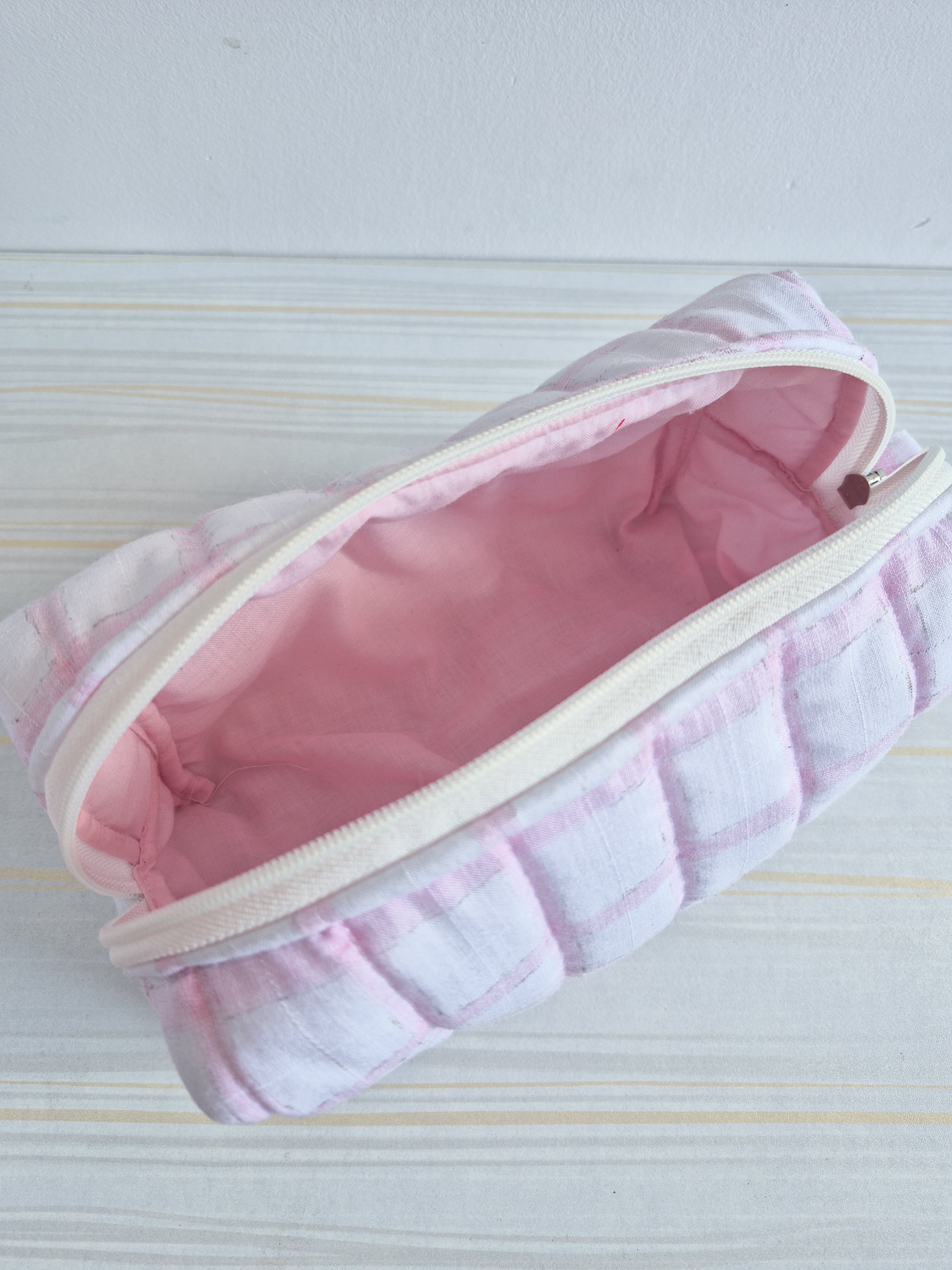 Pink Checks Quilted Makeup/ Travel Pouch - Large size
