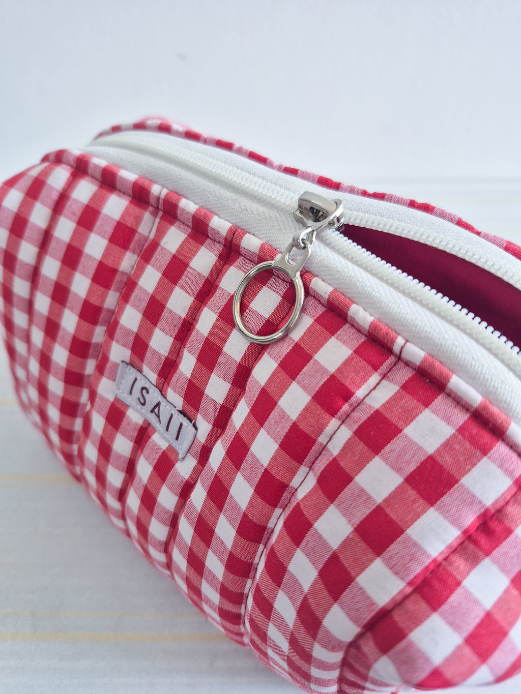 Red Gingham Quilted Makeup/ Travel Pouch - Large size