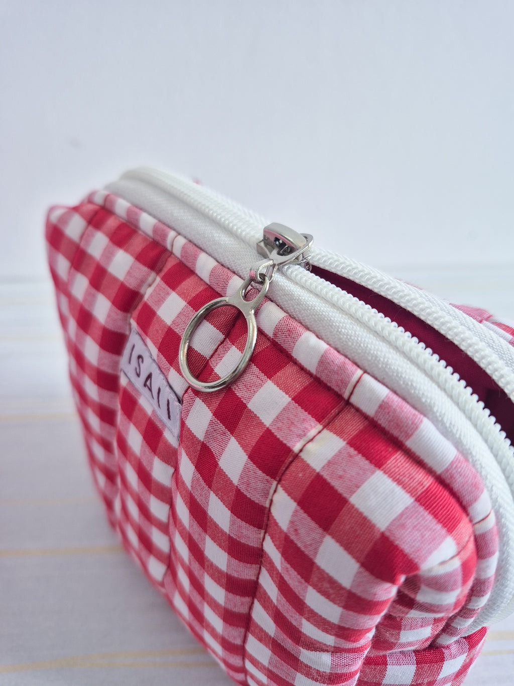 Red Gingham Quilted Makeup/ Travel Pouch - Medium size