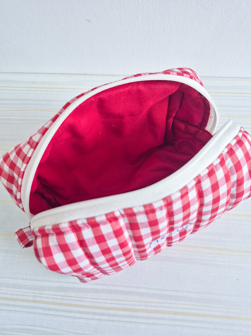 Red Gingham Quilted Makeup/ Travel Pouch - Large size
