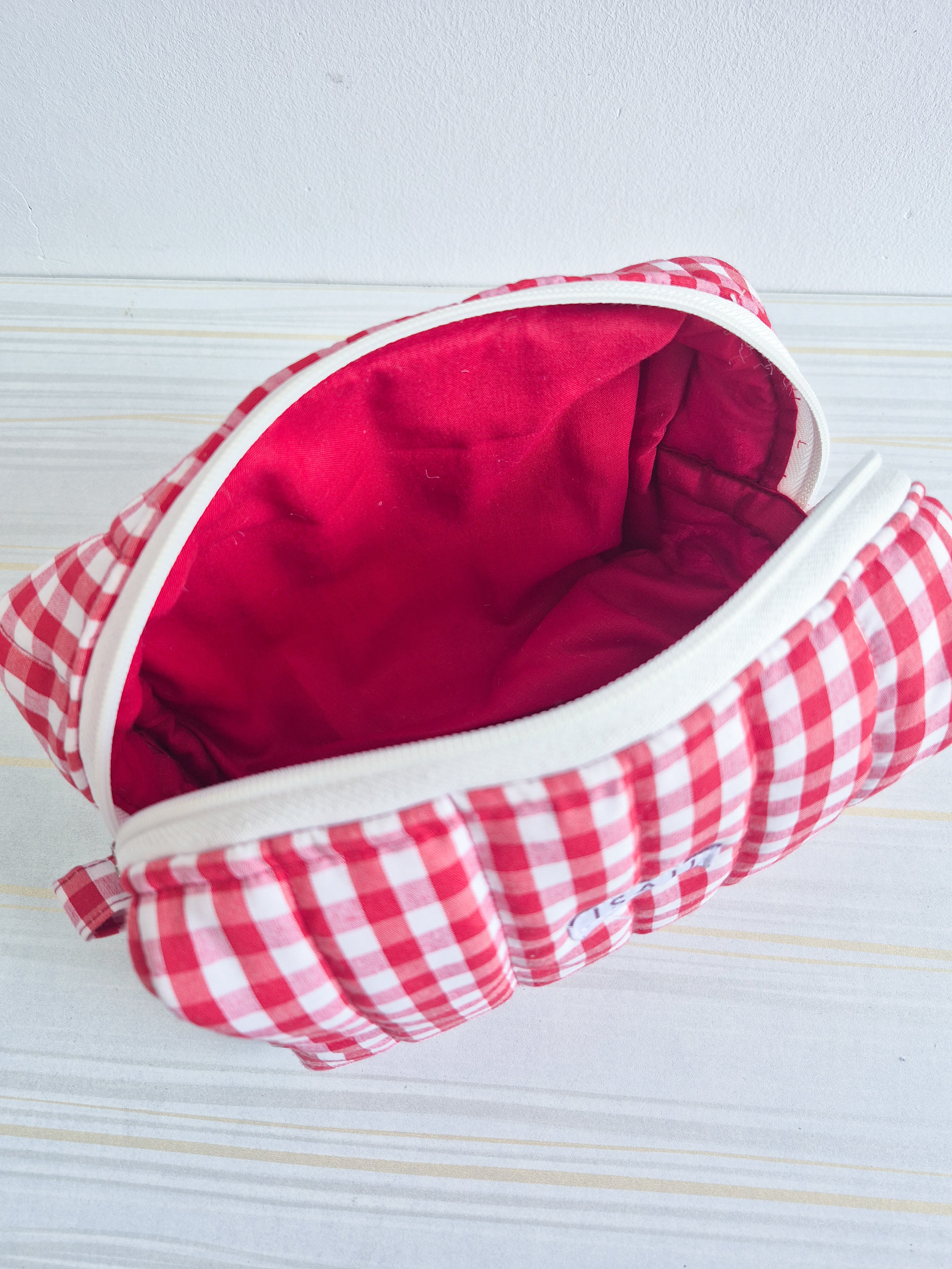 Red Gingham Quilted Makeup/ Travel Pouch - Large size