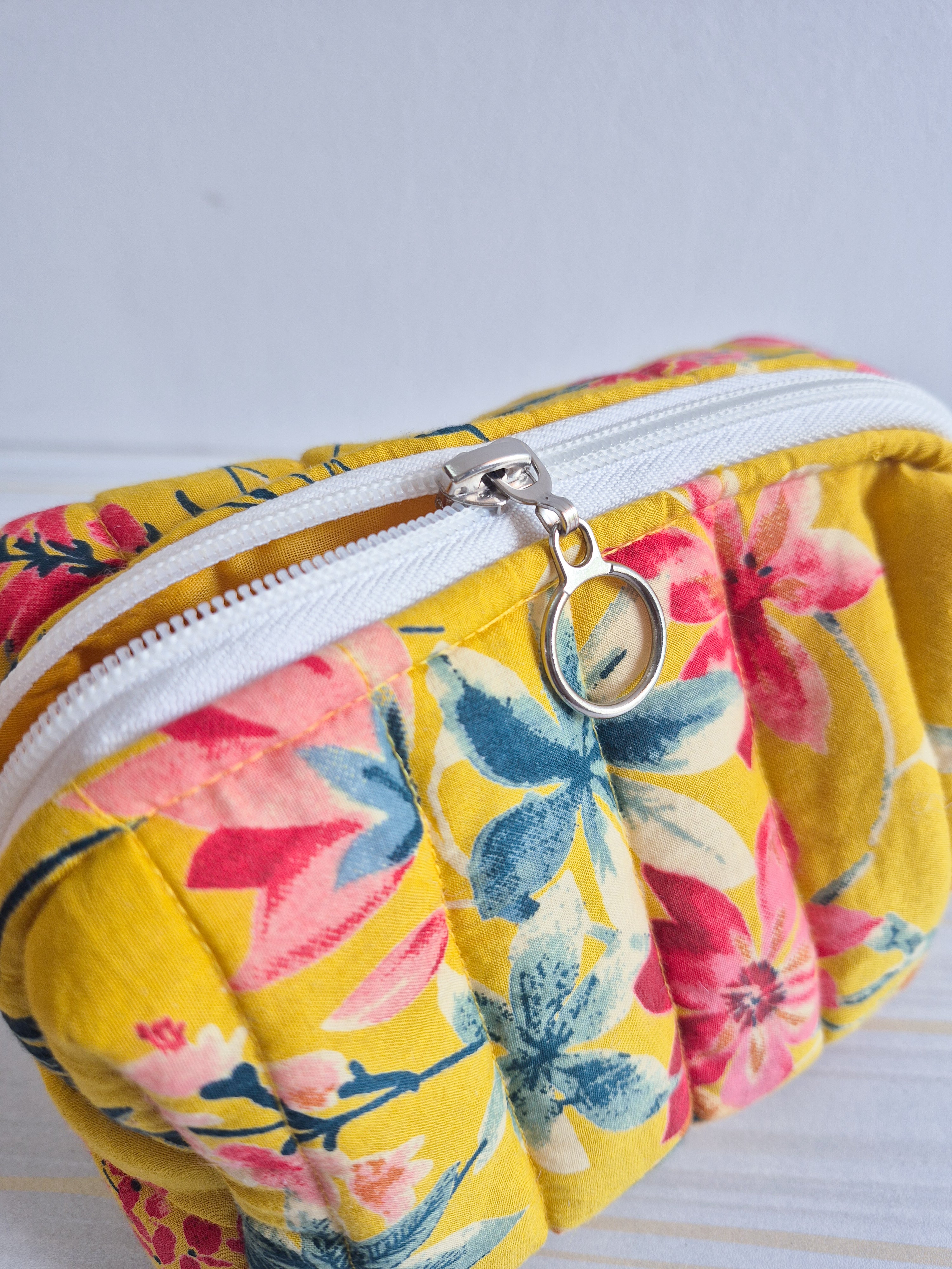 Yellow Floral Quilted Makeup/ Travel Pouch - Medium size