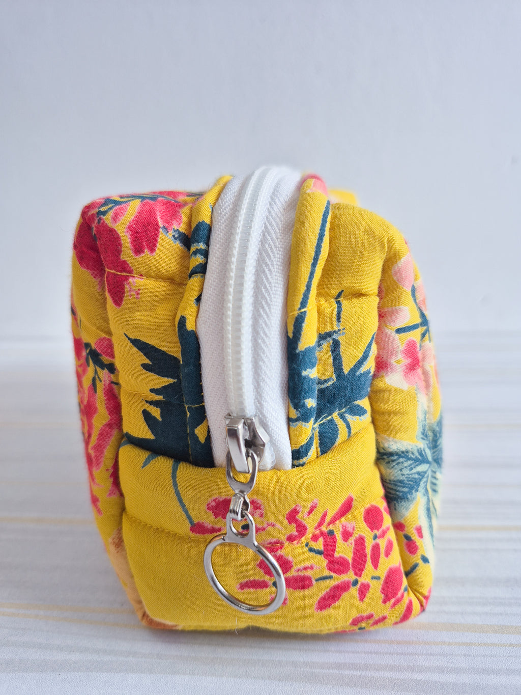 Yellow Floral Quilted Makeup/ Travel Pouch - Medium size
