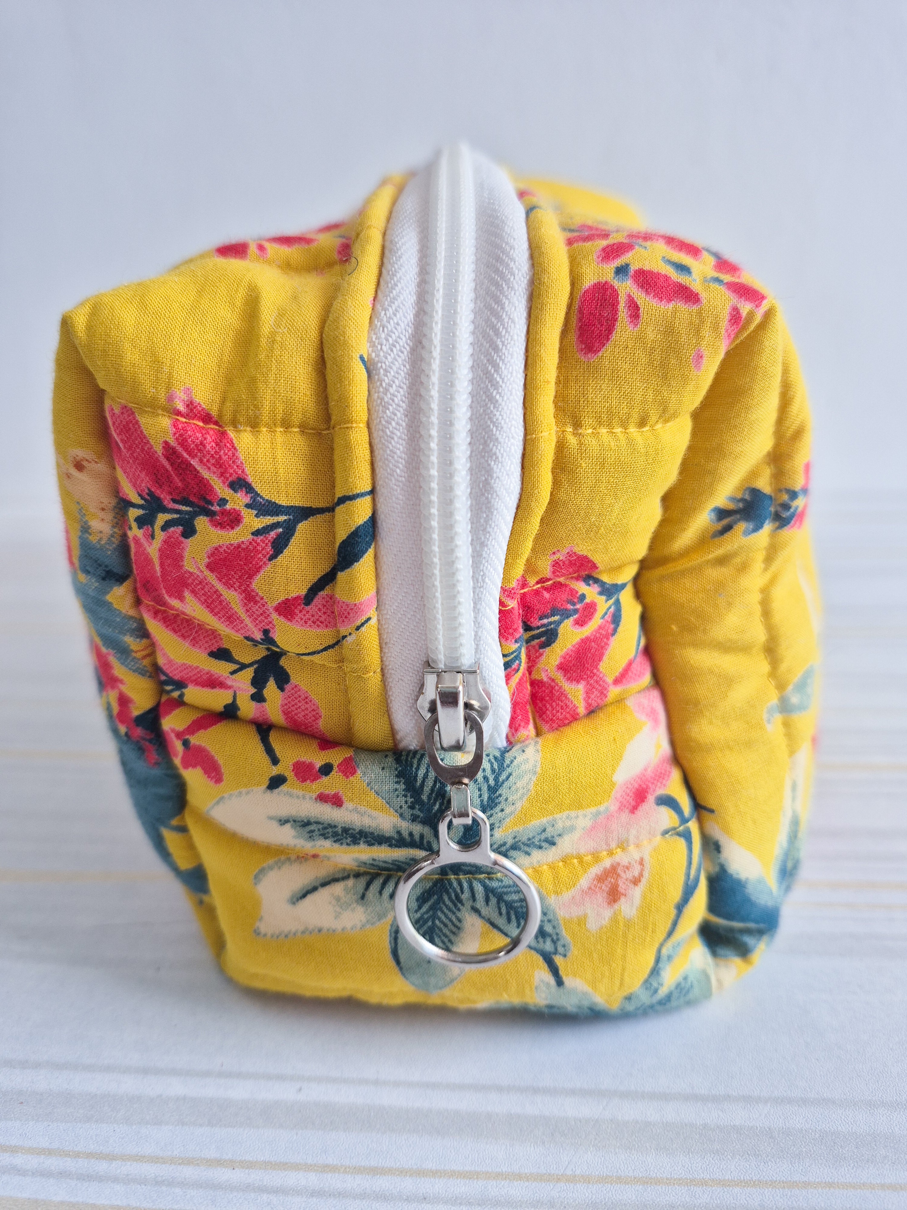 Yellow Floral Quilted Makeup/ Travel Pouch - Large size