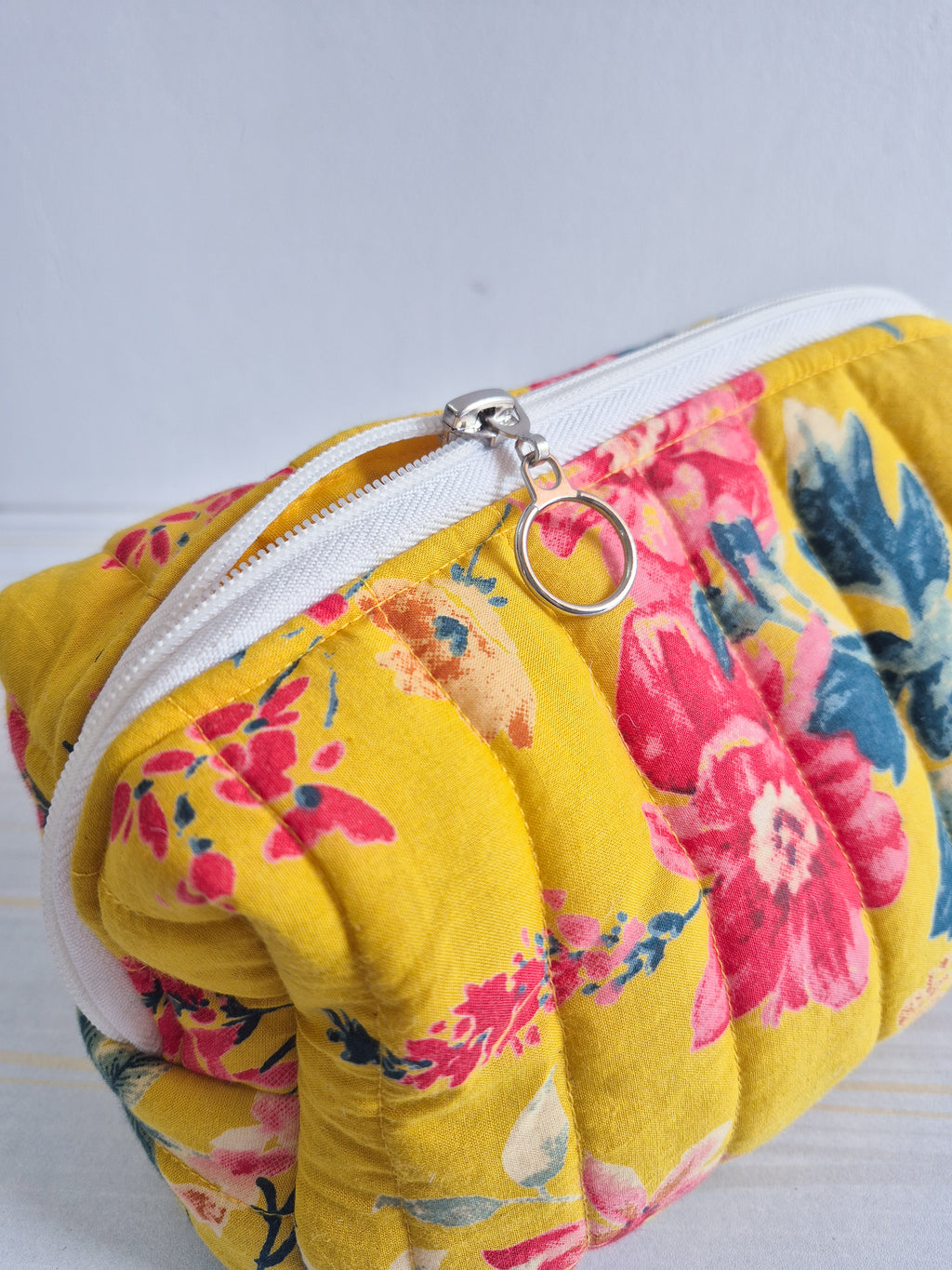 Yellow Floral Quilted Makeup/ Travel Pouch - Large size