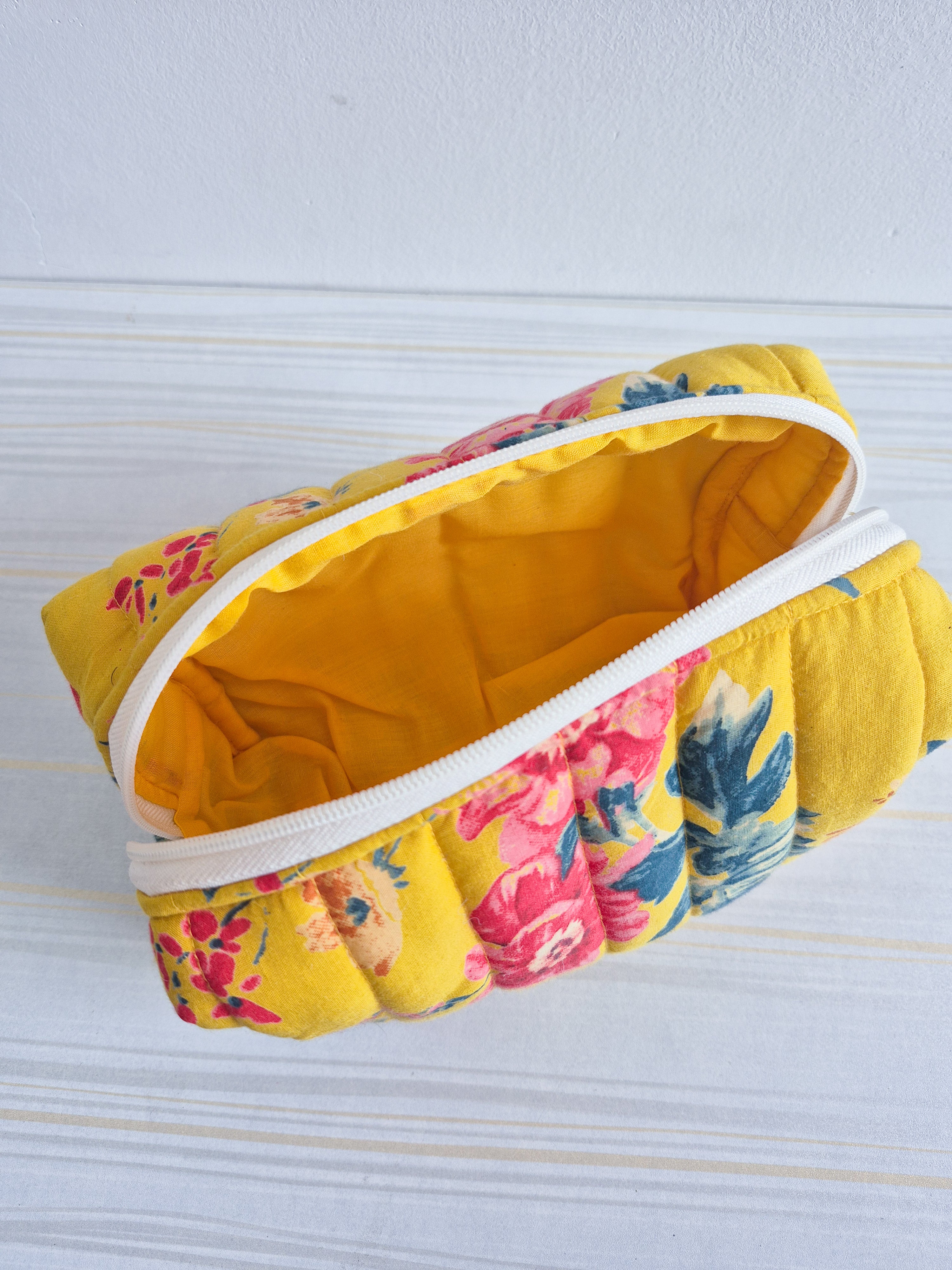 Yellow Floral Quilted Makeup/ Travel Pouch - Medium size