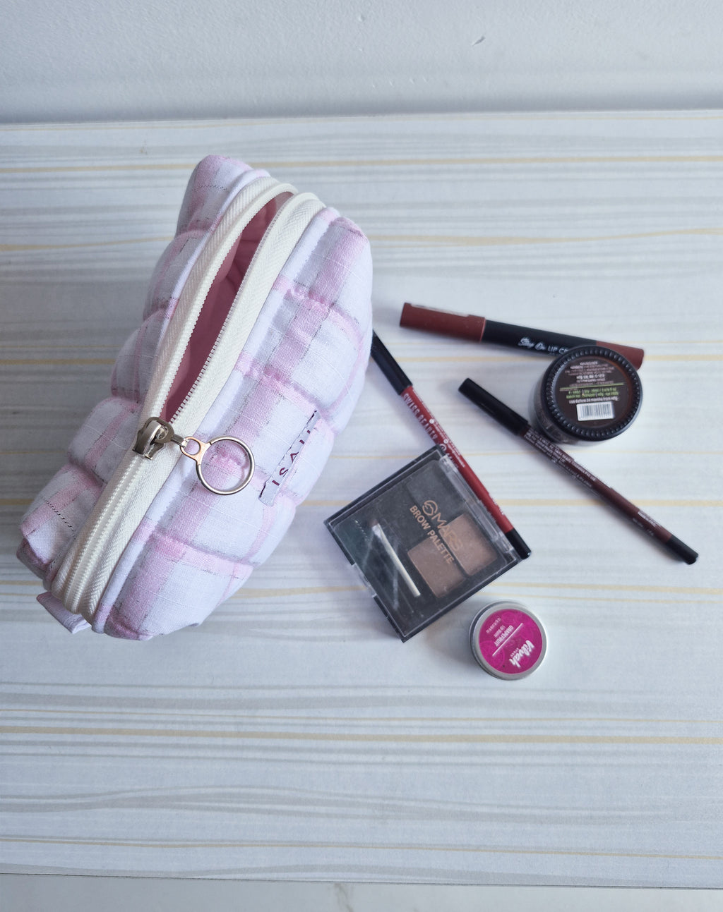 Pink Checks Quilted Makeup/ Travel Pouch - Medium size
