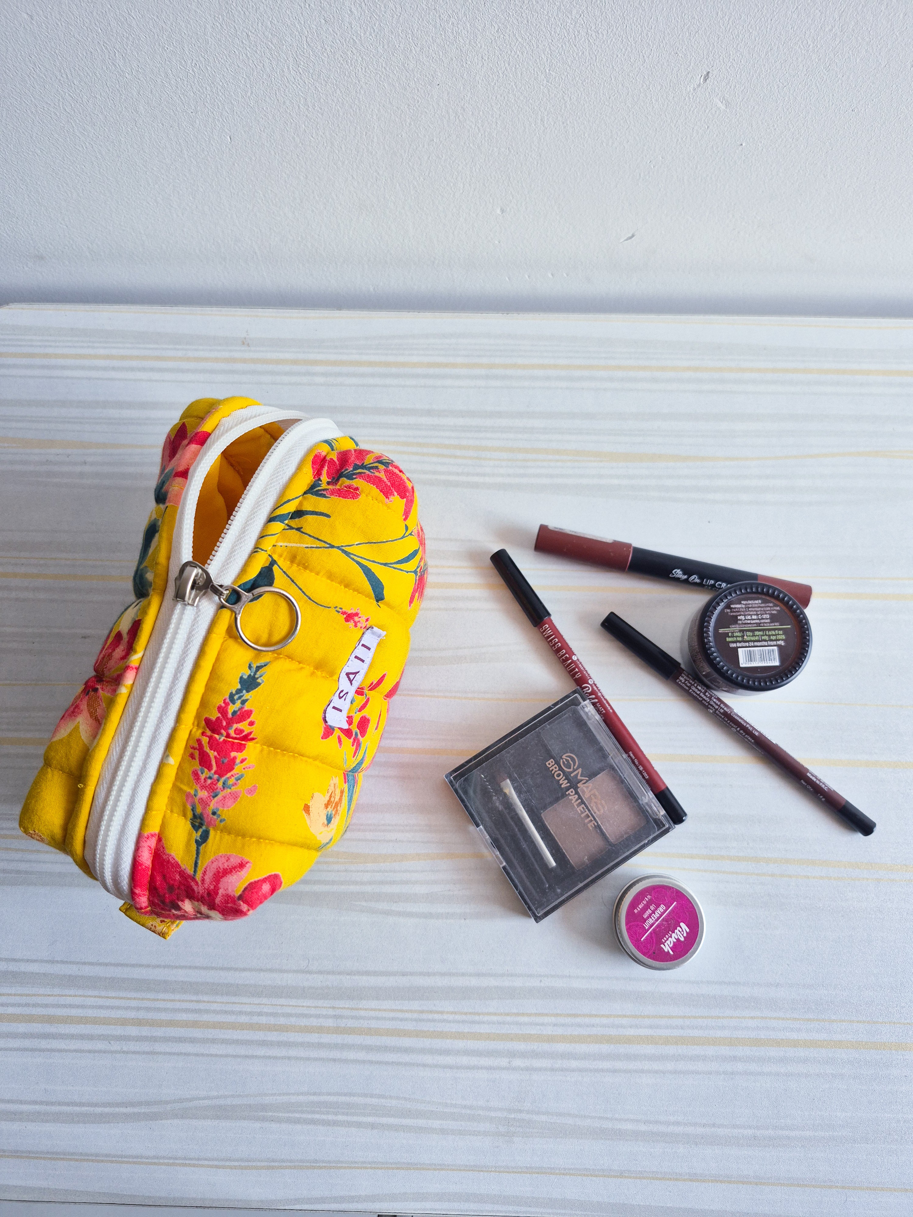 Yellow Floral Quilted Makeup/ Travel Pouch - Medium size