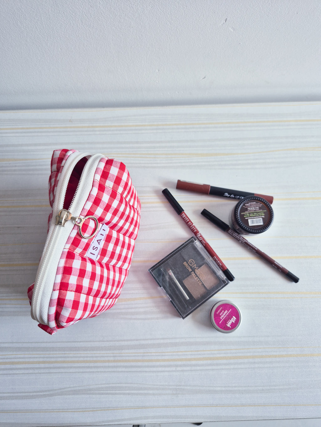 Red Gingham Quilted Makeup/ Travel Pouch - Medium size