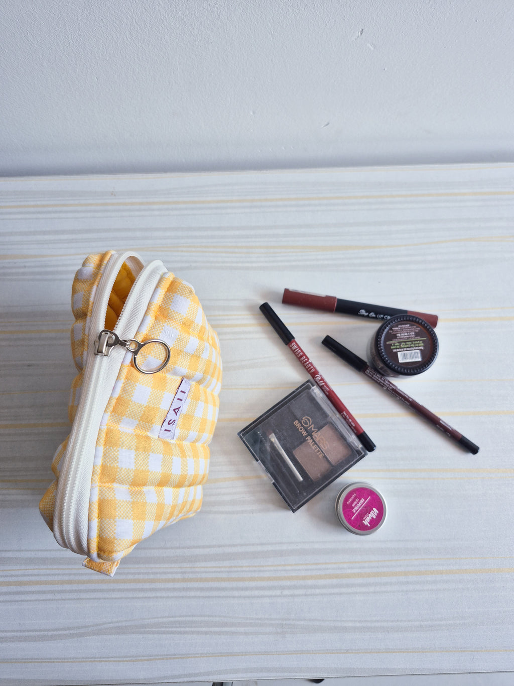 Yellow Gingham Quilted Makeup/ Travel Pouch - Medium size